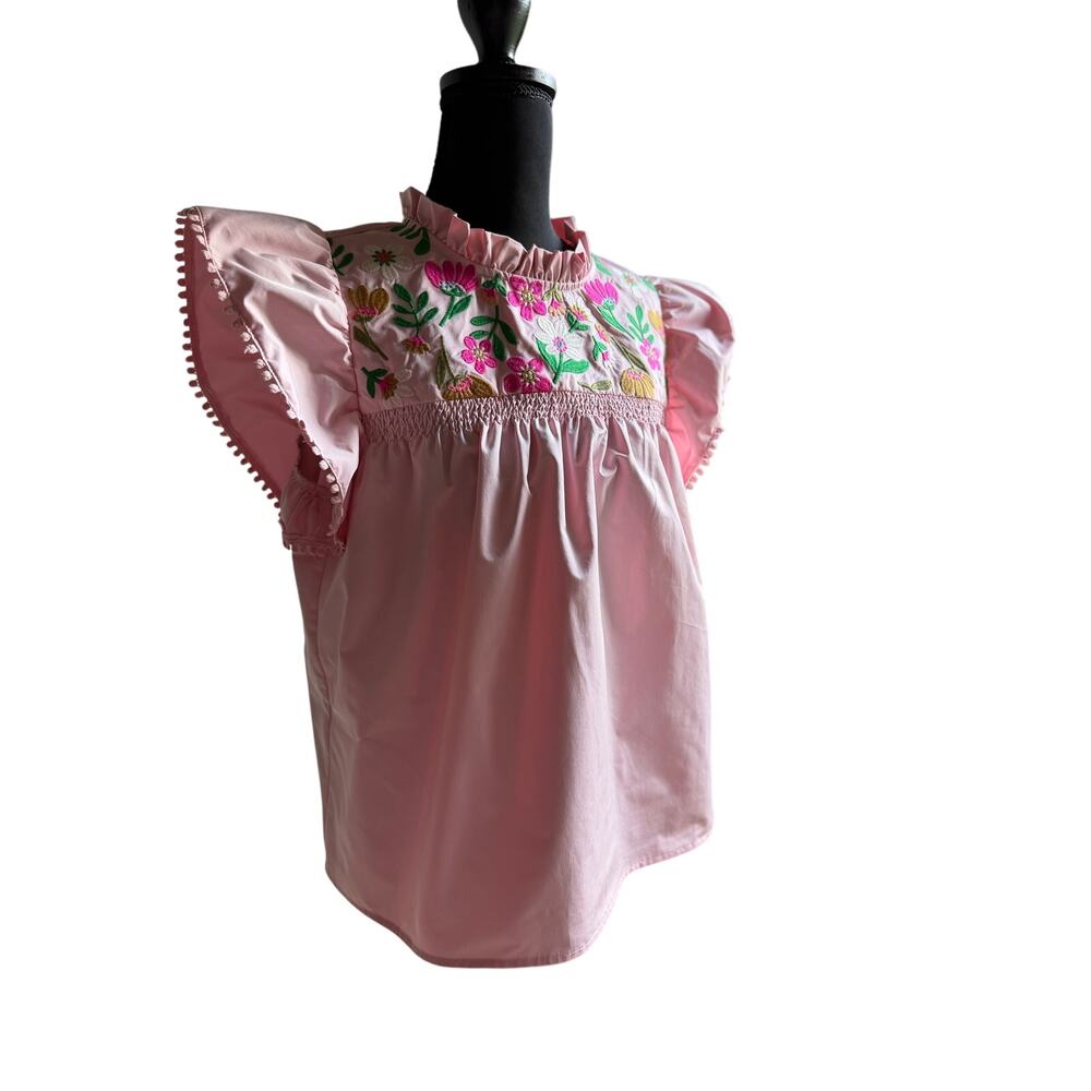 THML Pink Embroidered Floral Flutter Sleeve Blouse Top Medium Boho Boutique - Picture 4 of 11
